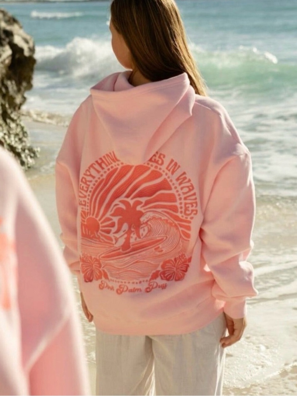 EUC Pink Palm Puff "Everything Comes in Waves" Hoodie in Pink